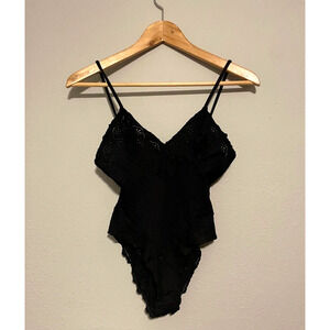 Vintage Express Womens Terry Bodysuit Size 2 Black Floral Eyelet Whimsigoth 90s